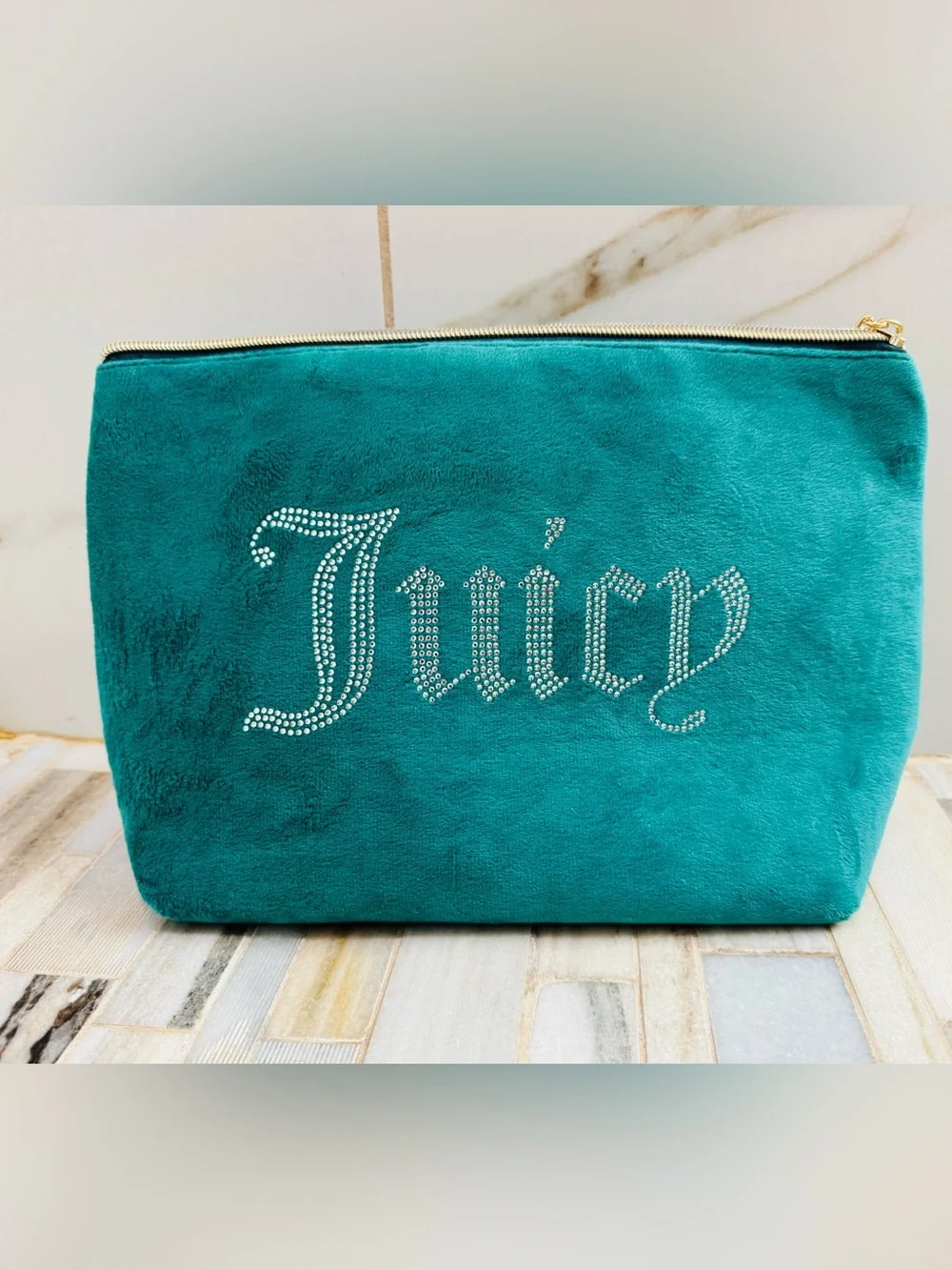 Juicy Couture Teal Velour Cosmetic Makeup Travel Pouch Rhinestone Logo